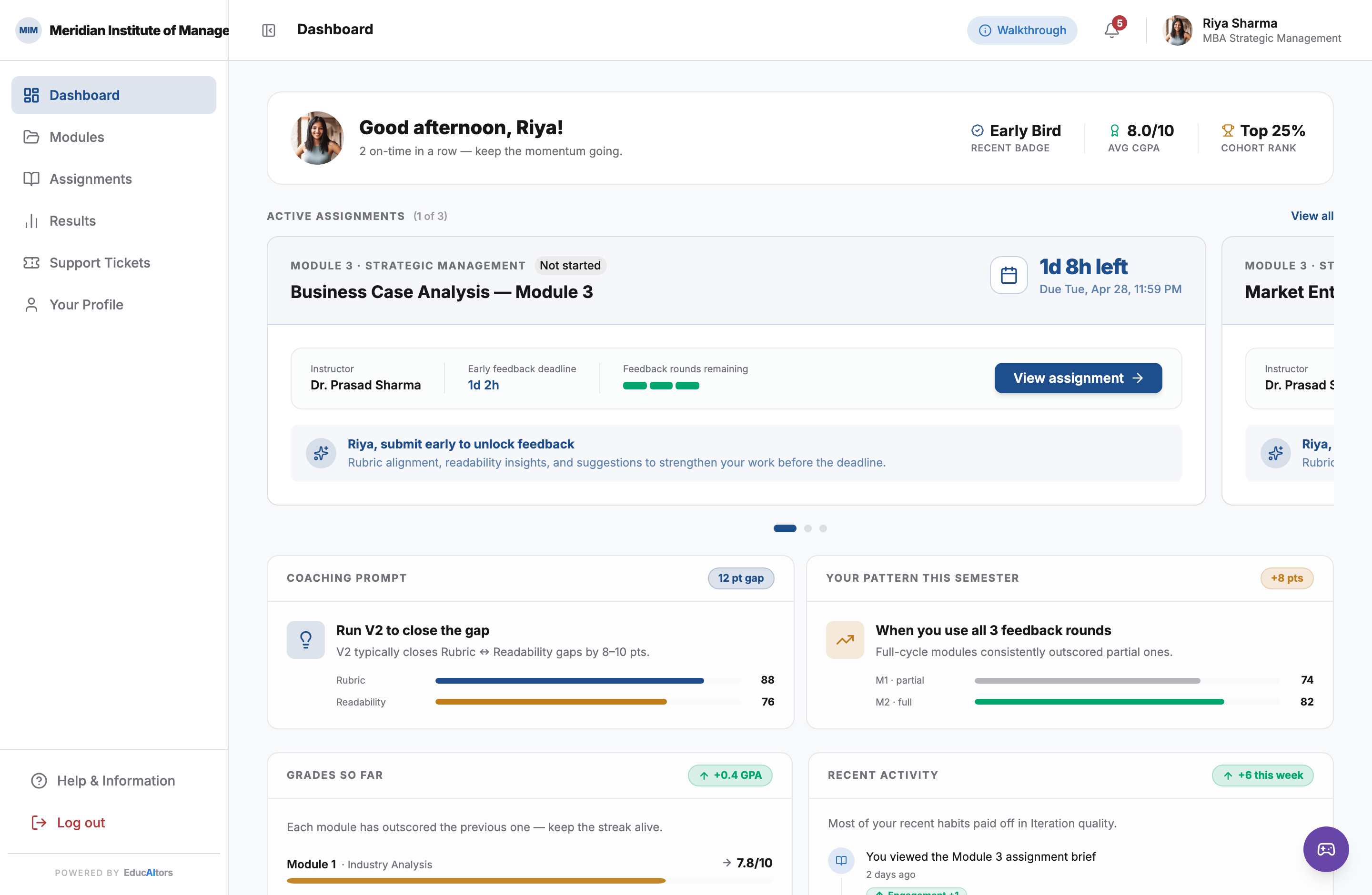 The student dashboard. One assignment card carries the state, the deadline countdown, the separate early-feedback countdown, and three remaining feedback rounds shown as segments.