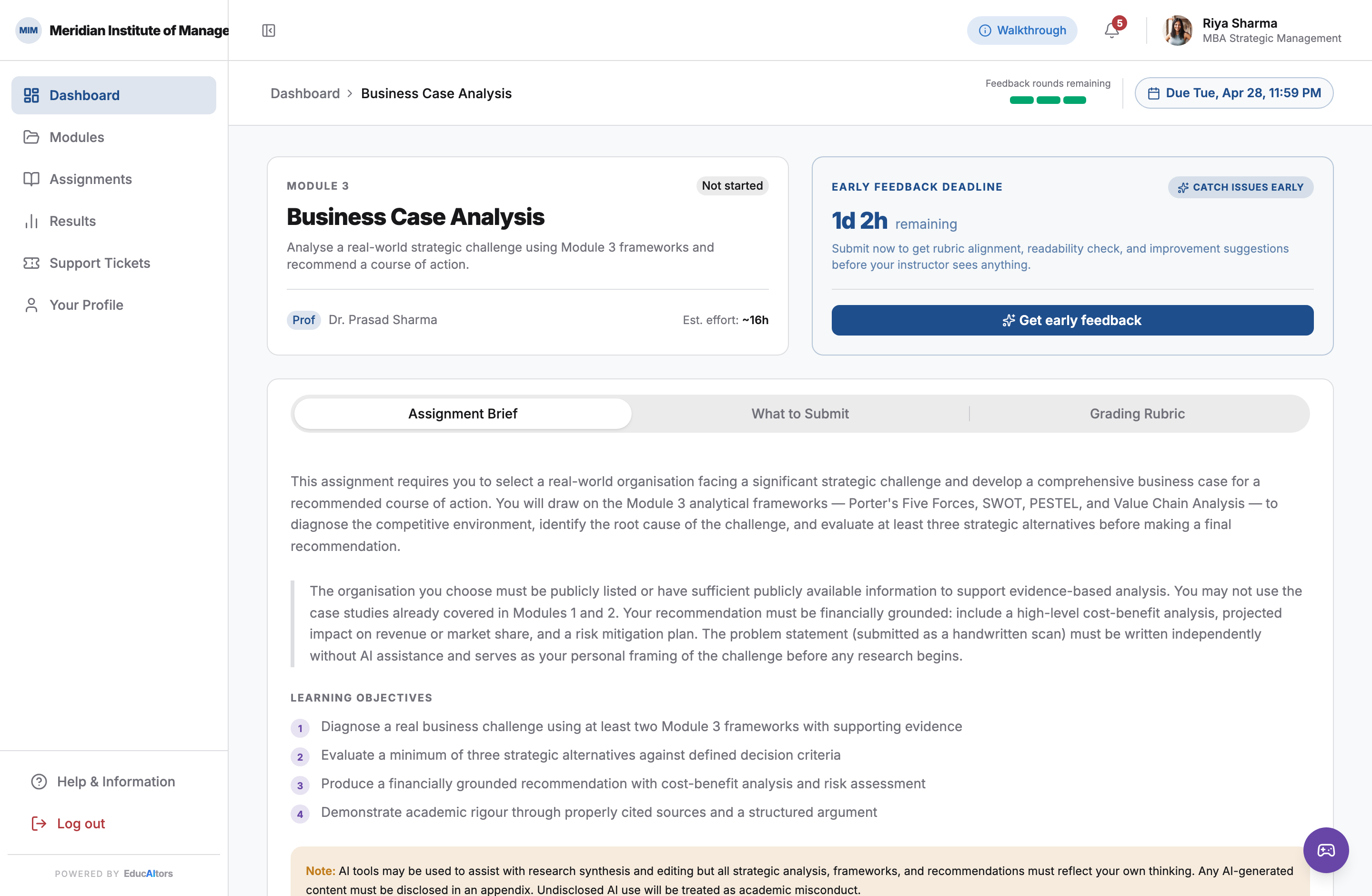 Assignment detail. The early-feedback deadline sits in its own card beside the brief, and the content is split across Assignment Brief, What to Submit, and Grading Rubric tabs.