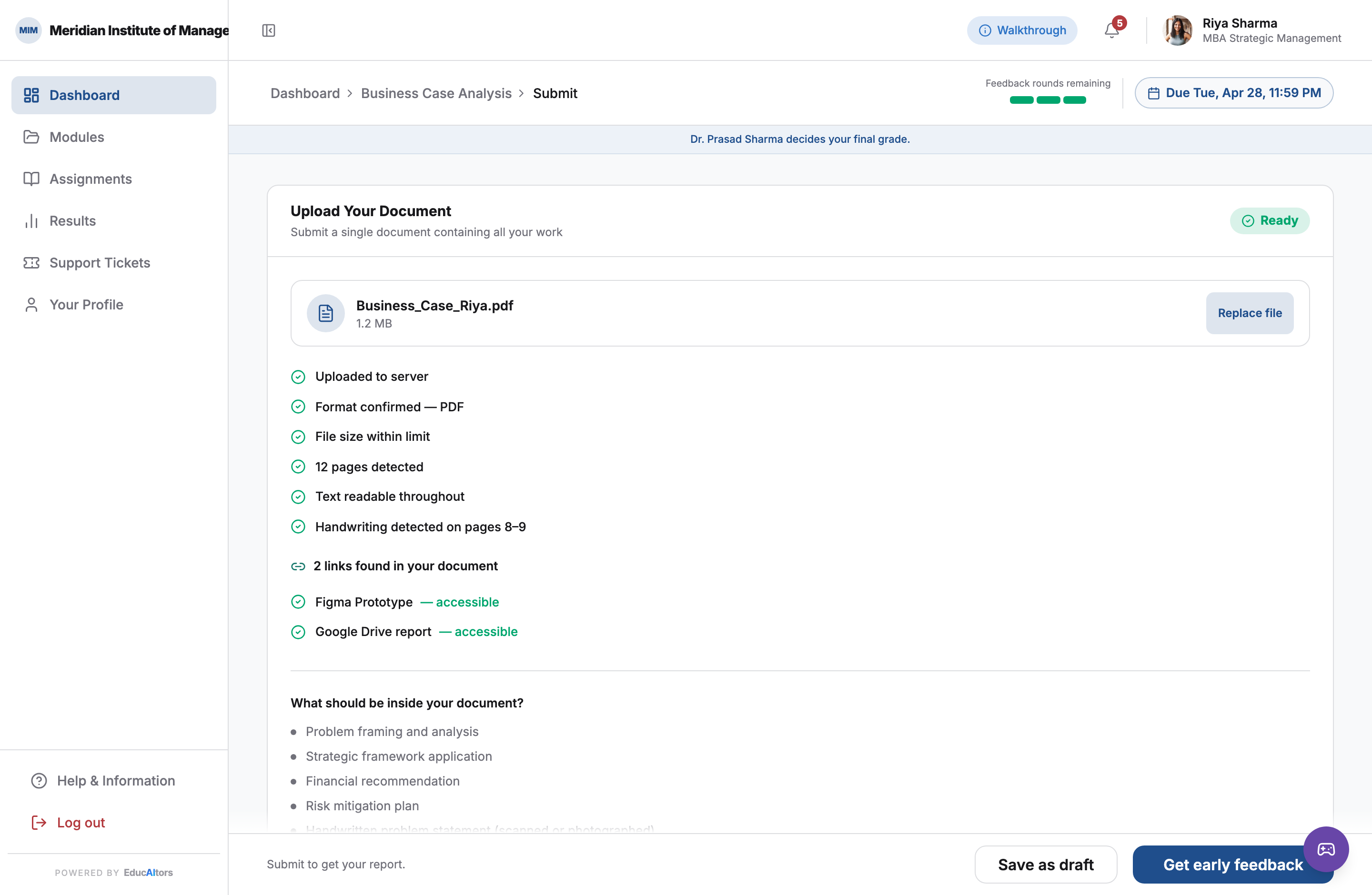 Upload screen after a successful check. Ticks for upload, format, size, page count, readable text, detected handwriting, and each of the two links found in the document verified separately.