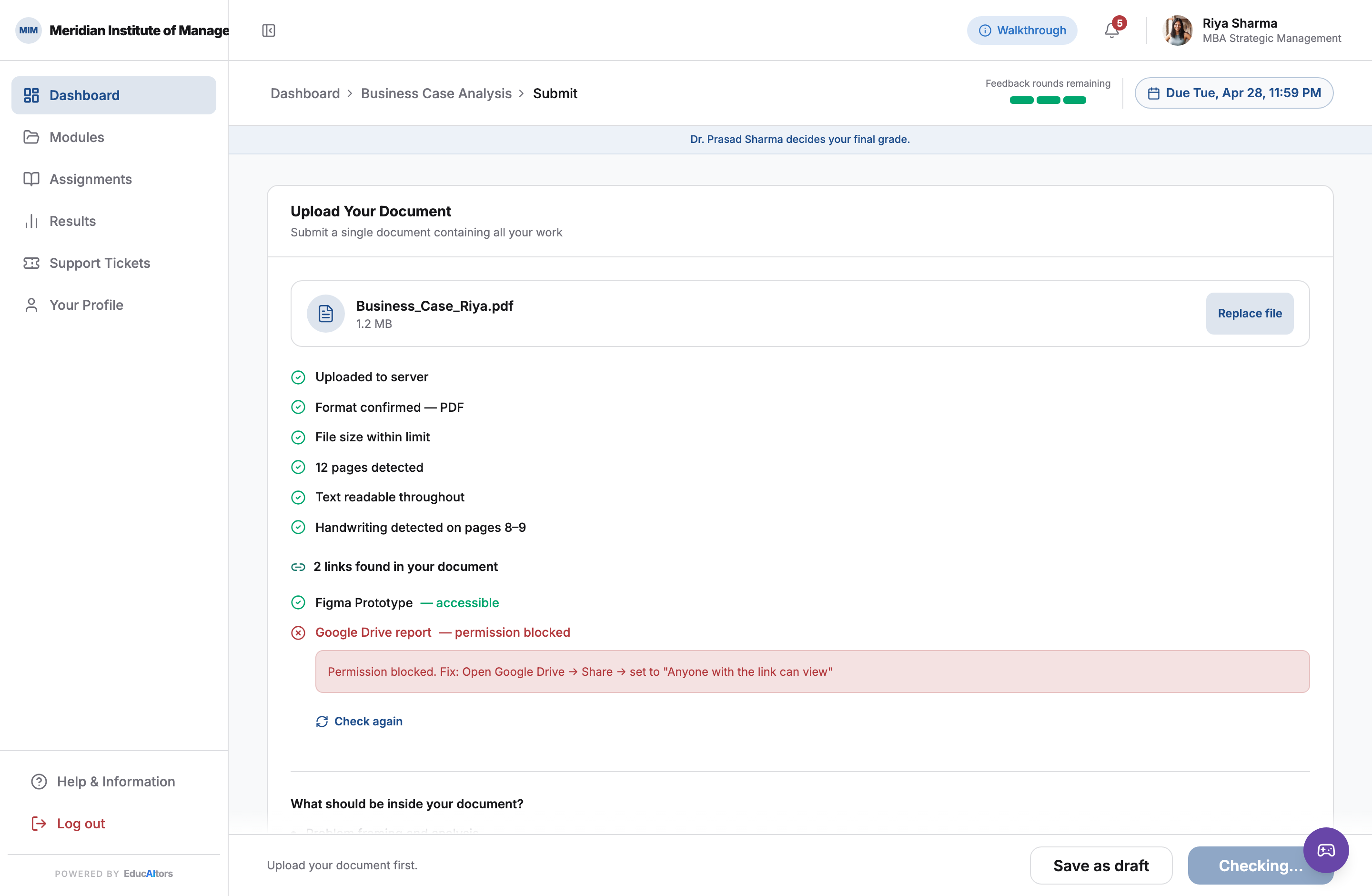 The same screen with one link failing. Google Drive report is marked permission blocked, with an inline instruction giving the exact menu path to fix it and a Check again action.