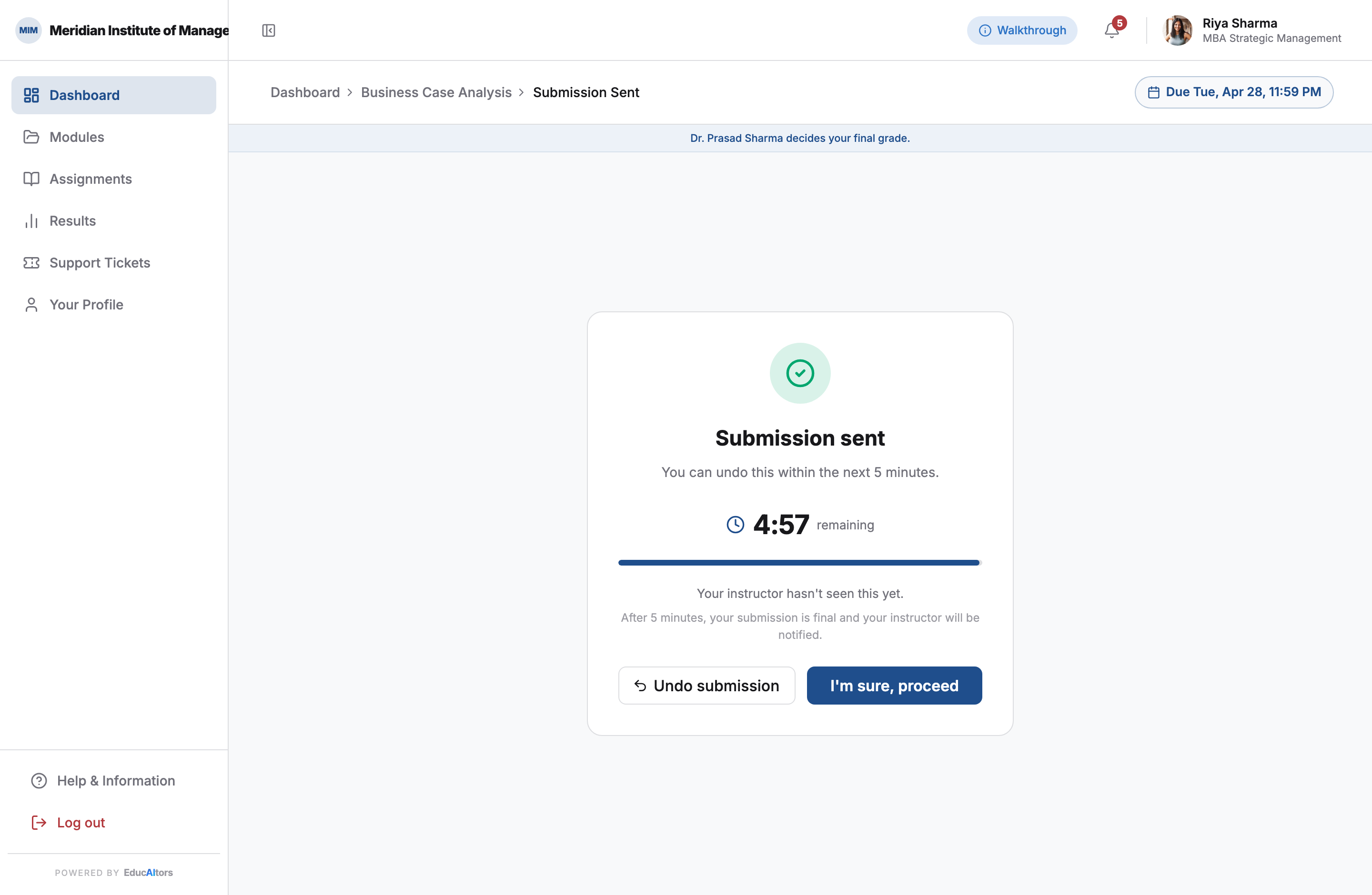 Submission sent screen with a five-minute countdown reading four minutes fifty-eight, a draining progress bar, and the line: your instructor hasn't seen this yet.