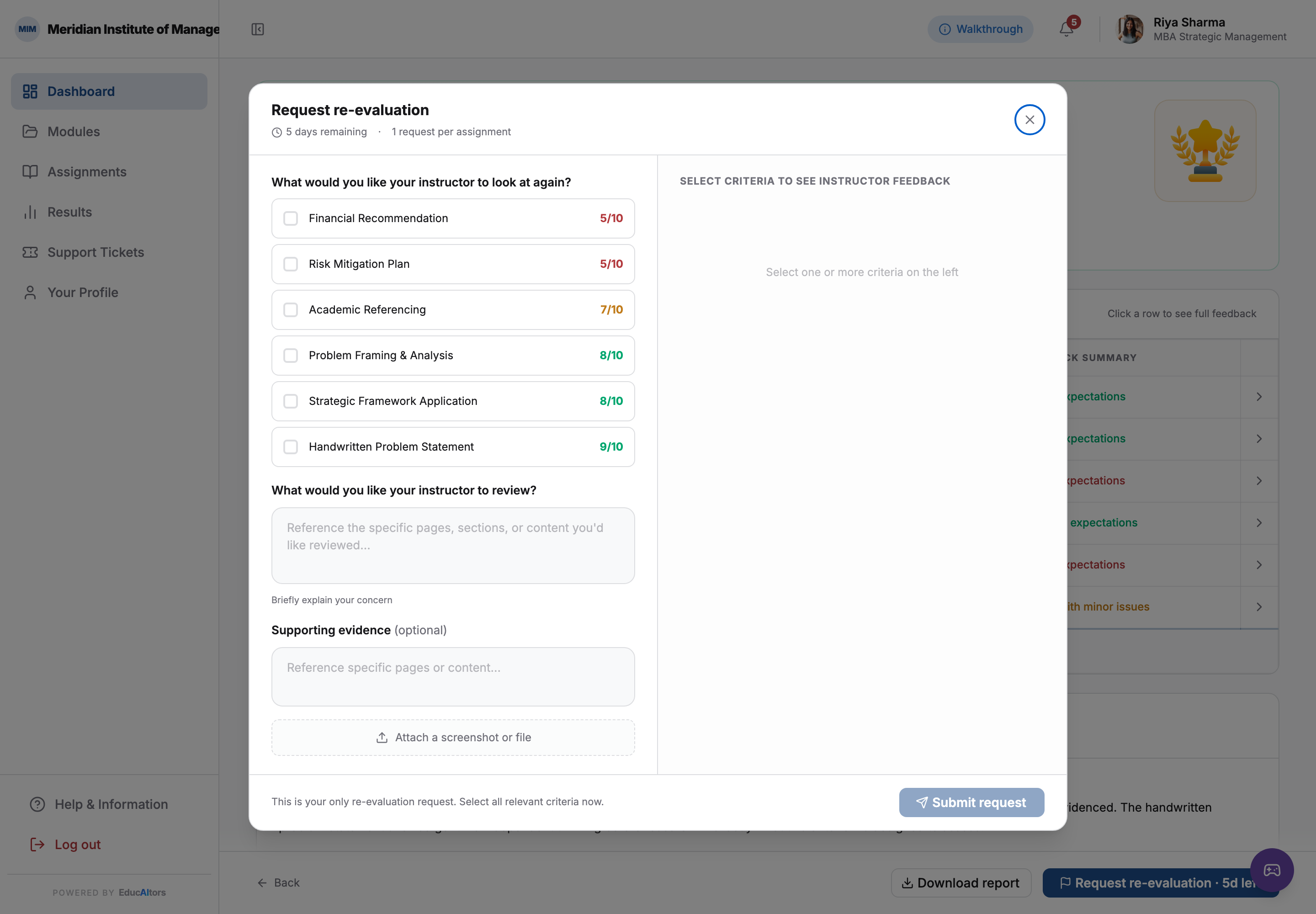 The re-evaluation request. Criteria are listed lowest score first with checkboxes, beside a panel that shows the instructor's feedback for whichever criteria are selected.