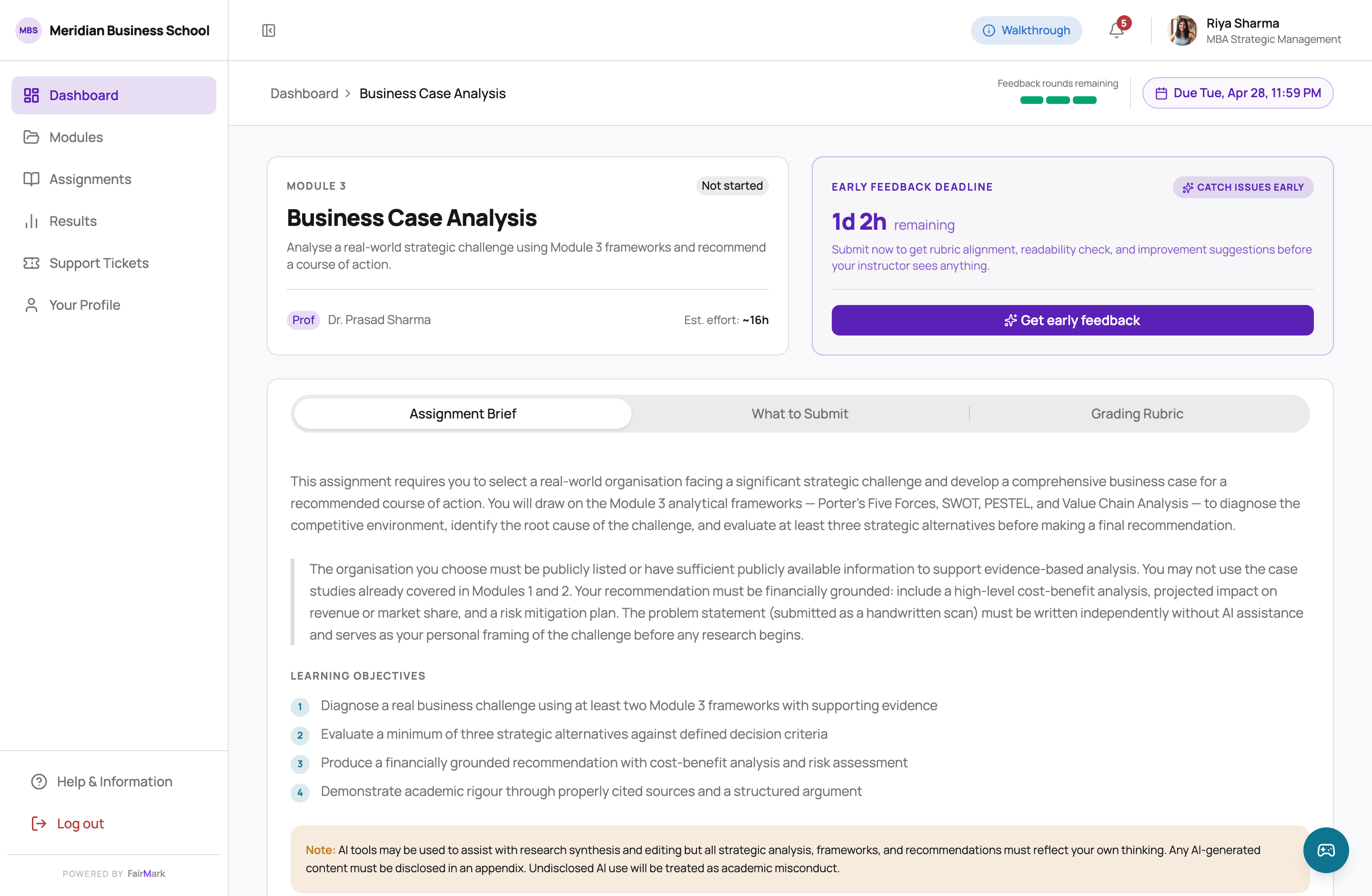 Assignment detail. The early-feedback deadline sits in its own card beside the brief, and the content is split across Assignment Brief, What to Submit, and Grading Rubric tabs.