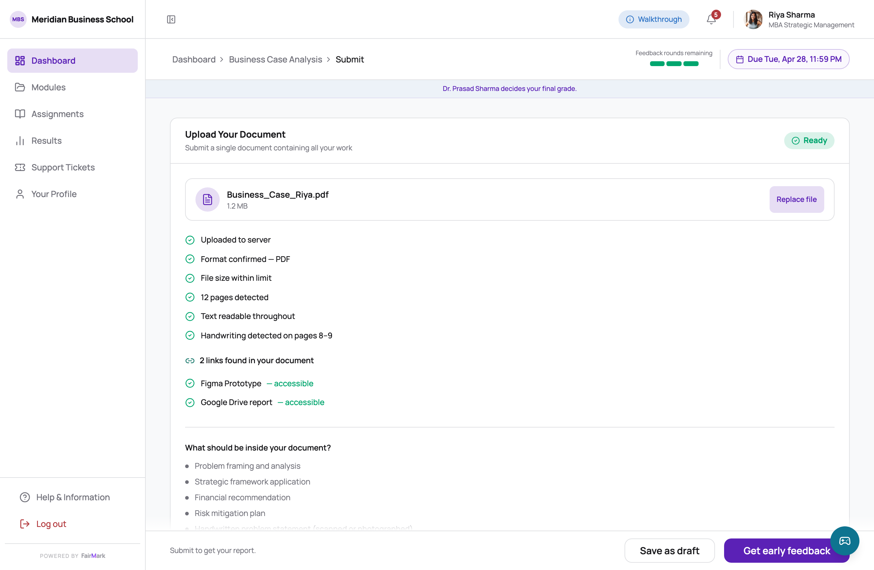 Upload screen after a successful check. Ticks for upload, format, size, page count, readable text, detected handwriting, and each of the two links found in the document verified separately.