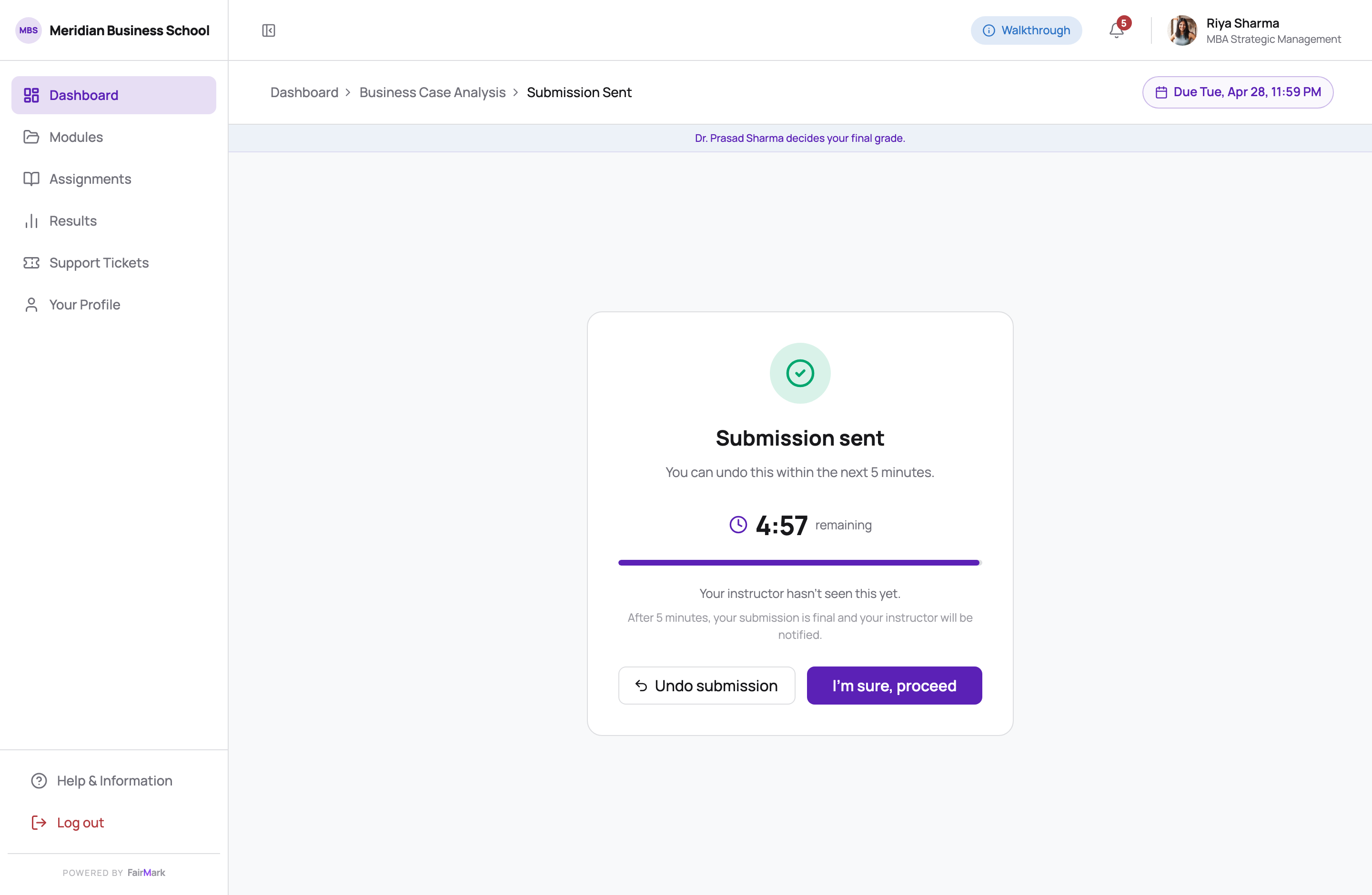 Submission sent screen with a five-minute countdown reading four minutes fifty-eight, a draining progress bar, and the line: your instructor hasn't seen this yet.