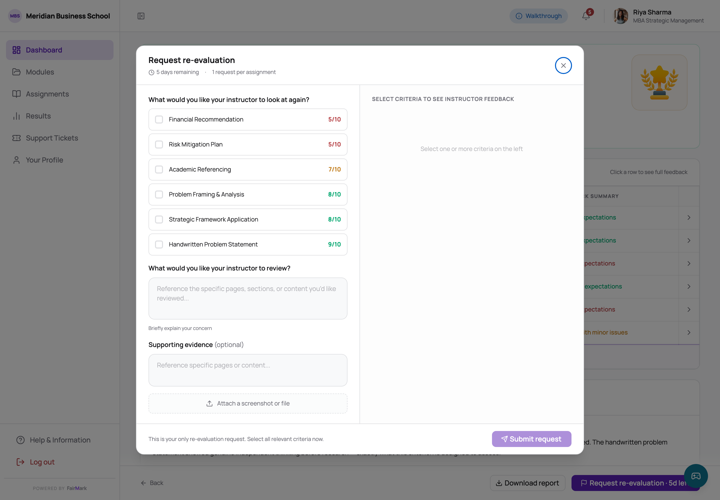 The re-evaluation request. Criteria are listed lowest score first with checkboxes, beside a panel that shows the instructor's feedback for whichever criteria are selected.